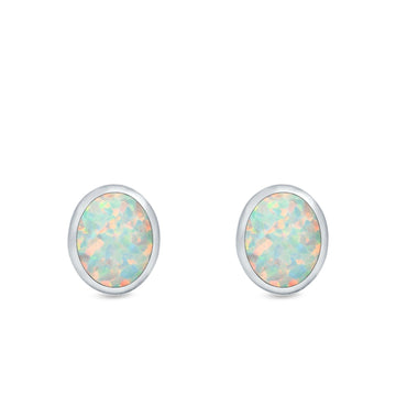 Oval Stud Earrings Lab Created White Opal 925 Sterling Silver (11mm)